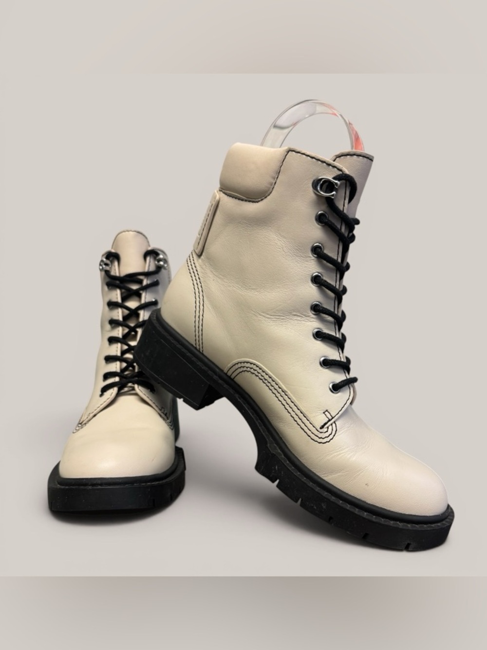 COACH Lorimer Lace Up Lug Sole Combat Leather Booties Chalk Sz 6 - Picture 1 of 12